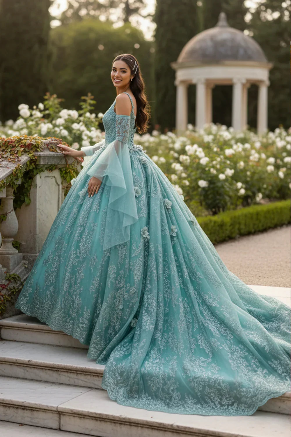 Elegant Ball Gown Cold Shoulder Quinceañera Dress With Floral Embroidery & Button Detail | Promspark