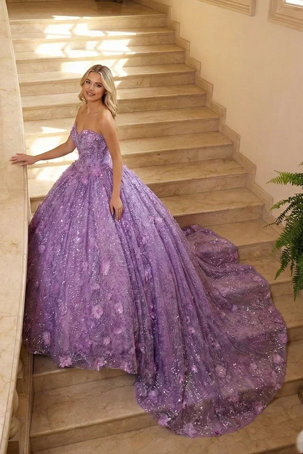 Elegant Ball Gown Strapless Quinceañera Dress With Floral Embroidery and Sequin | Promspark