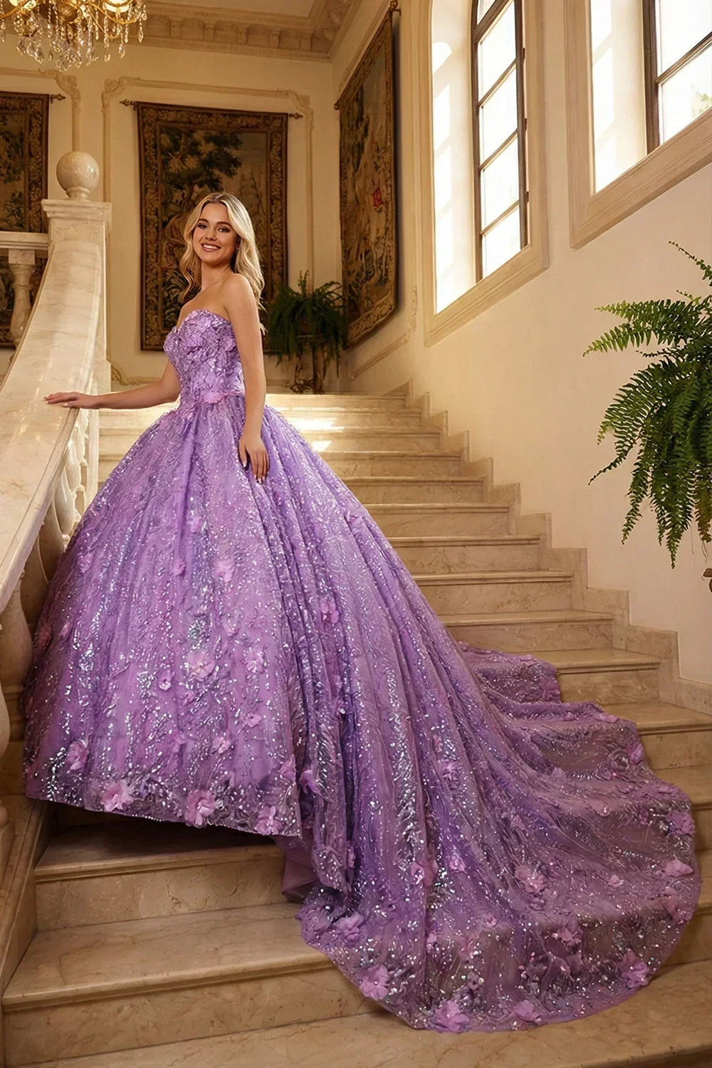 Elegant Ball Gown Strapless Quinceañera Dress With Floral Embroidery and Sequin | Promspark