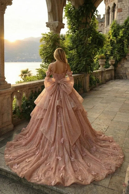 Exquisite Ball Gown V Neck Ruffled Tulle Long Quinceañera Dress With Beading And Appliques | Promspark