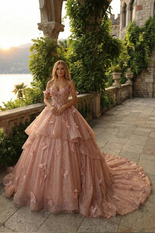 Exquisite Ball Gown V Neck Ruffled Tulle Long Quinceañera Dress With Beading And Appliques | Promspark