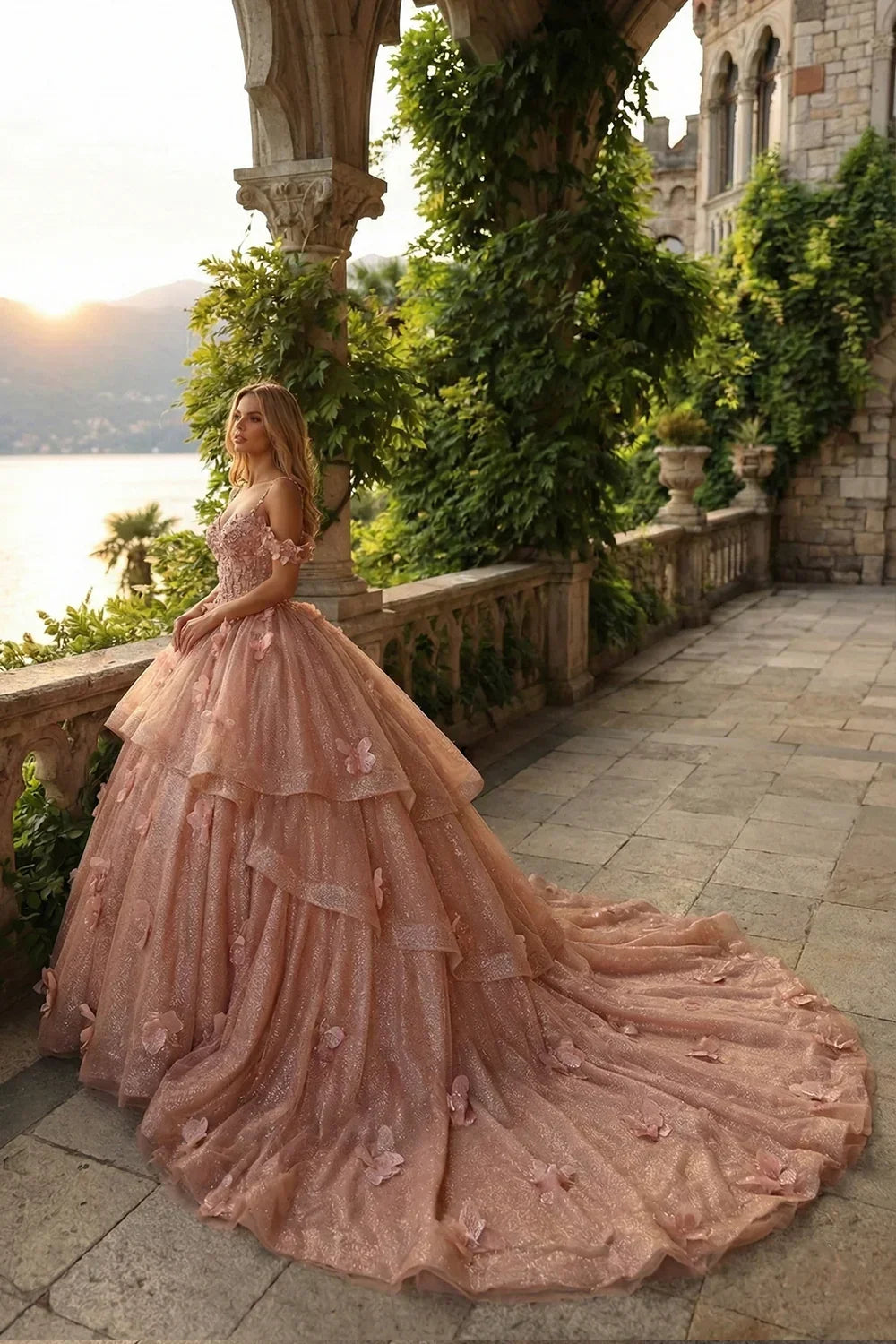 Exquisite Ball Gown V Neck Ruffled Tulle Long Quinceañera Dress With Beading And Appliques | Promspark