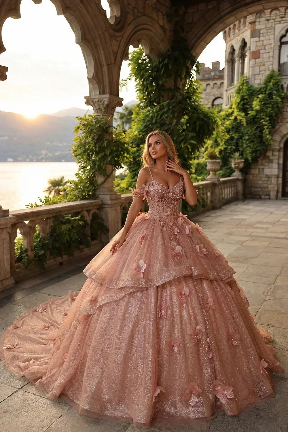 Exquisite Ball Gown V Neck Ruffled Tulle Long Quinceañera Dress With Beading And Appliques | Promspark