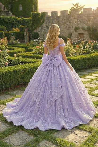 Exquisite Ball Gown V Neck Tulle Long Quinceañera Dress With Appliques And Bow | Promspark