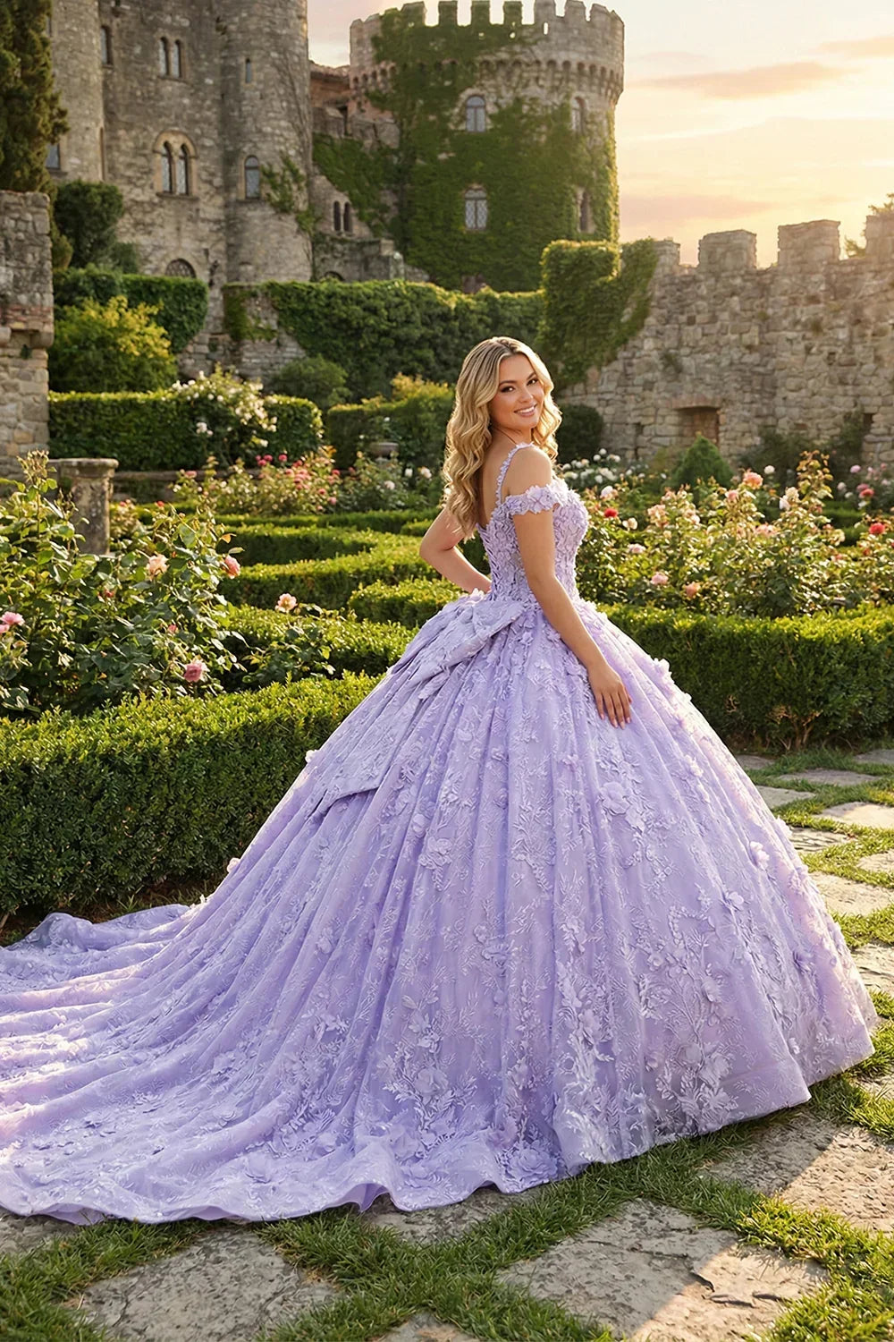 Exquisite Ball Gown V Neck Tulle Long Quinceañera Dress With Appliques And Bow | Promspark