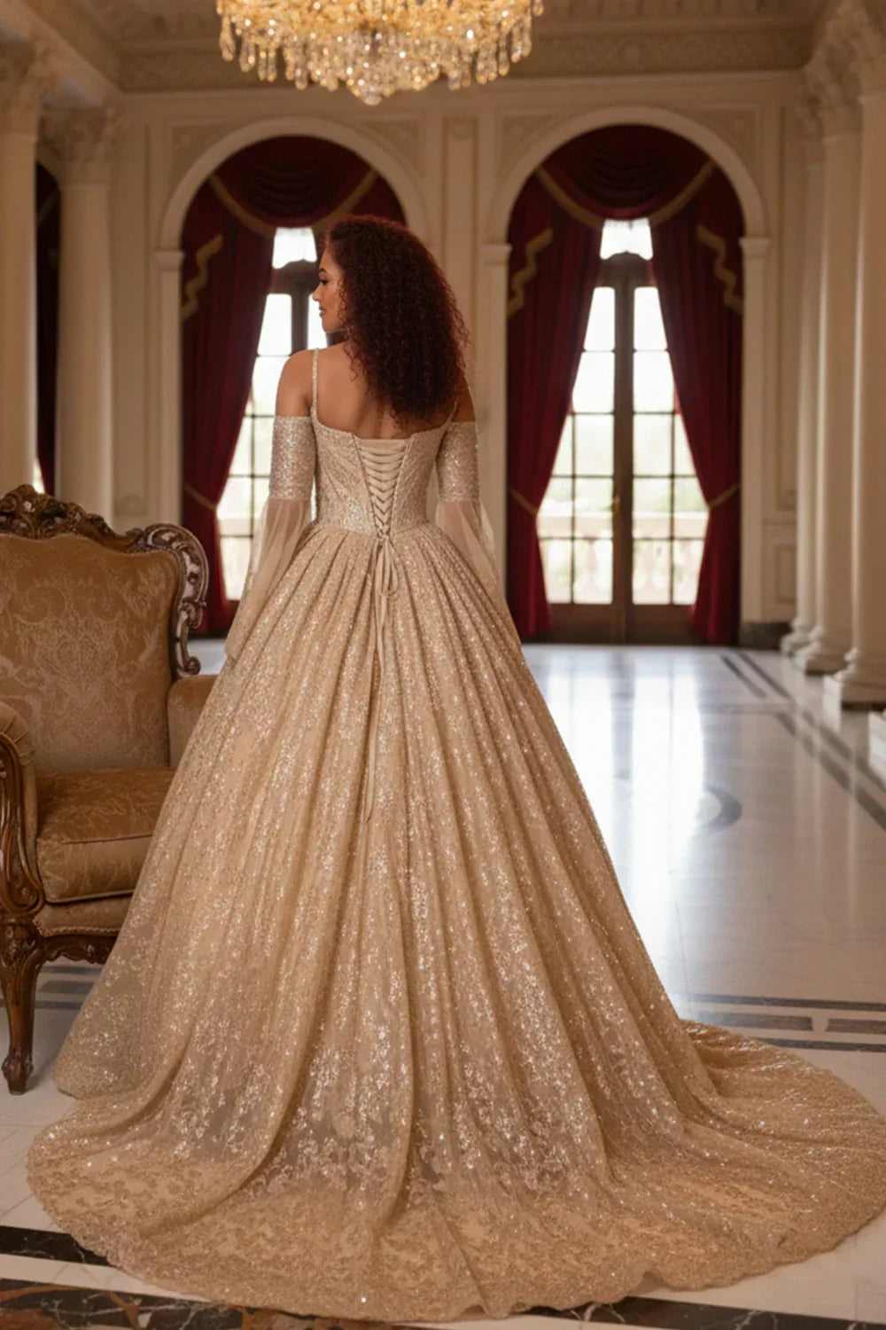 Glittery Ball Gown Cold Shoulder Quinceañera Dress With Sheer Sleeves | Promspark