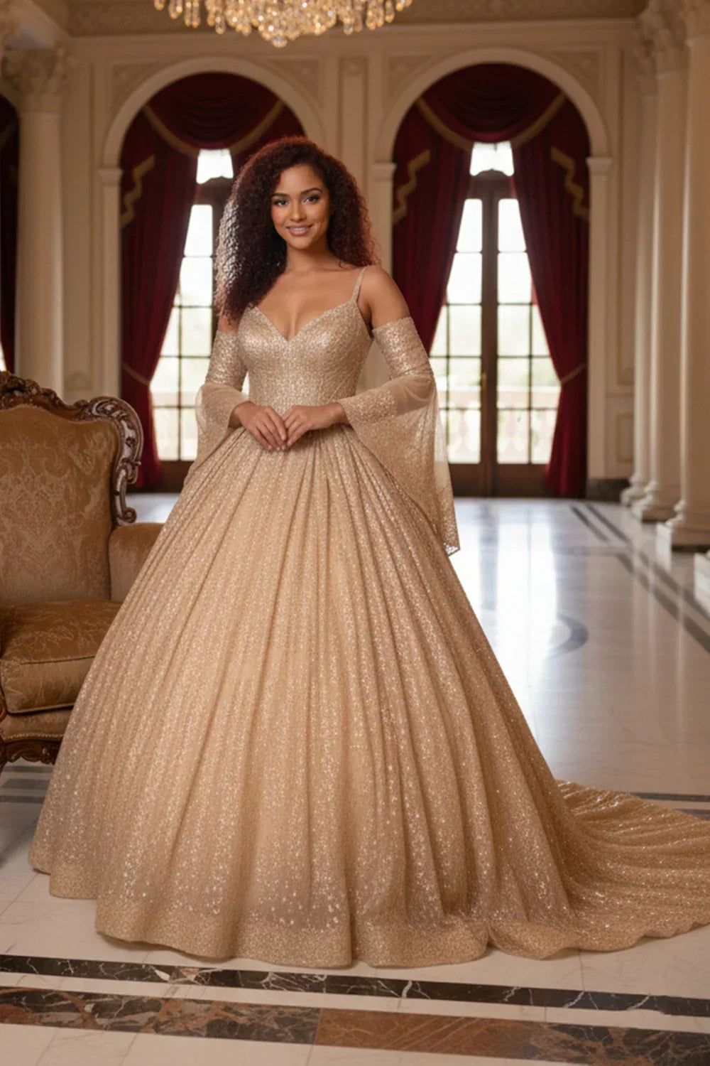 Glittery Ball Gown Cold Shoulder Quinceañera Dress With Sheer Sleeves | Promspark