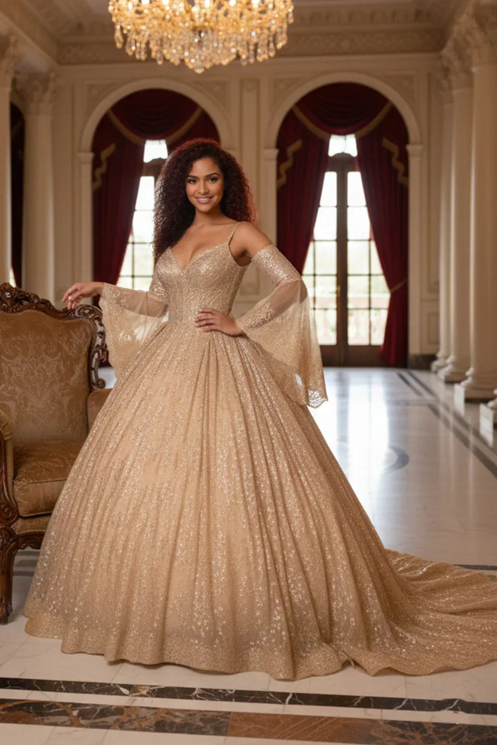 Glittery Ball Gown Cold Shoulder Quinceañera Dress With Sheer Sleeves | Promspark