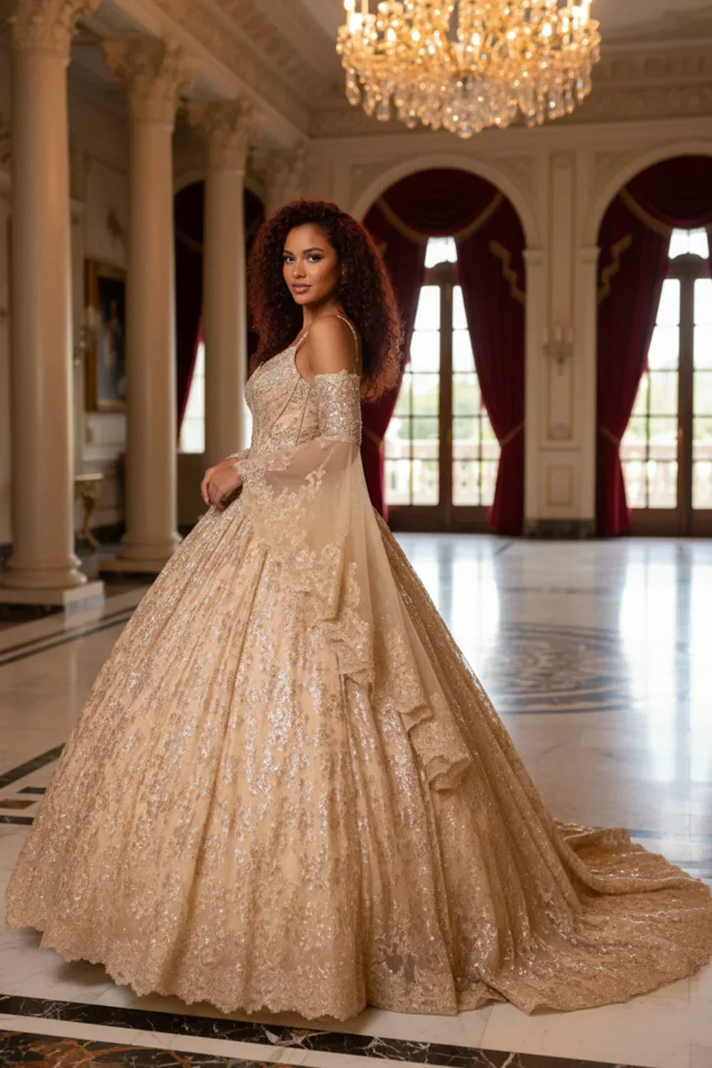 Glittery Ball Gown Cold Shoulder Quinceañera Dress With Sheer Sleeves | Promspark