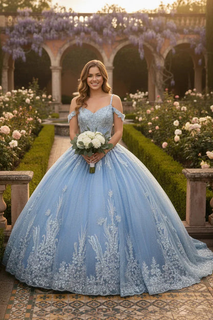 Intricate Lace Ball Gown Off-the-shoulder Quinceañera Dress With Embroidery | Promspark