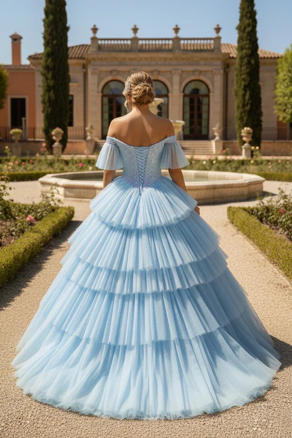 Layered Ruffle Ball Gown Off-the-shoulder Quinceañera Dress With Glitter | Promspark