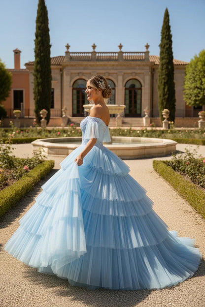 Layered Ruffle Ball Gown Off-the-shoulder Quinceañera Dress With Glitter | Promspark