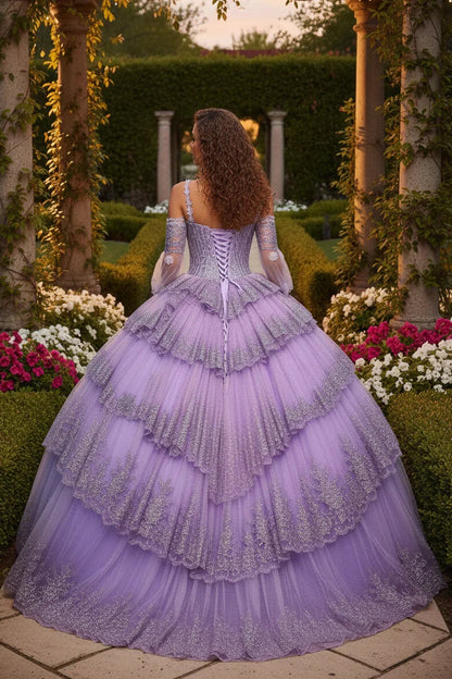 Layered Ruffled Ball Gown Cold Shoulder Quinceañera Dress With Embroidery | Promspark