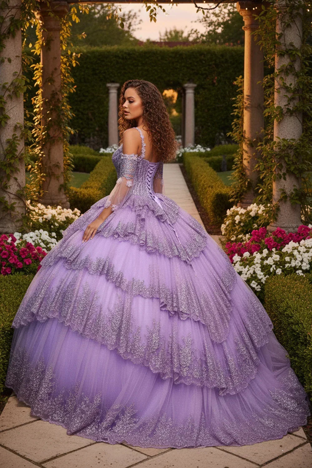 Layered Ruffled Ball Gown Cold Shoulder Quinceañera Dress With Embroidery | Promspark