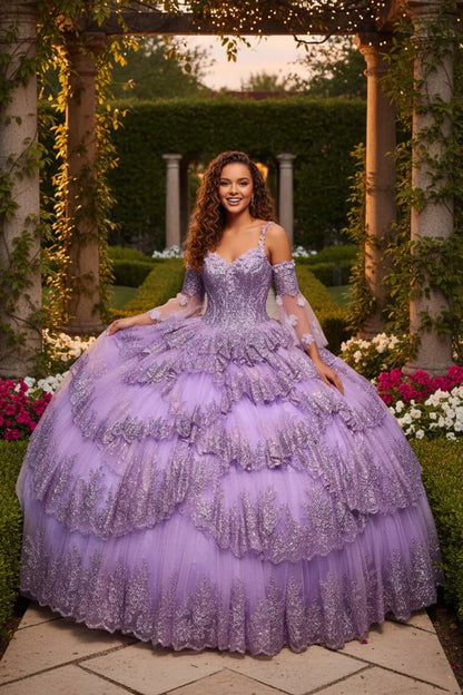 Layered Ruffled Ball Gown Cold Shoulder Quinceañera Dress With Embroidery | Promspark