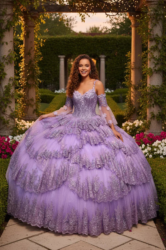 Layered Ruffled Ball Gown Cold Shoulder Quinceañera Dress With Embroidery | Promspark