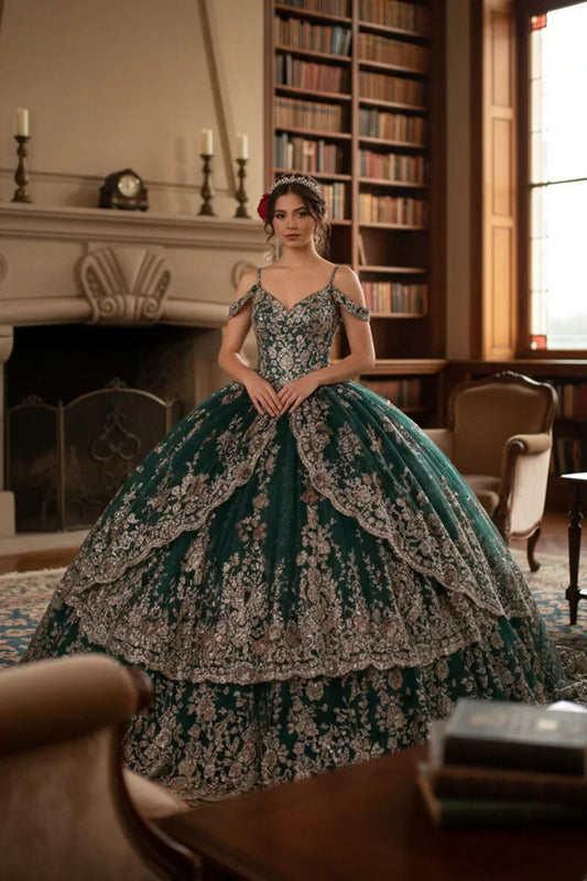 Luxurious Ball Gown Cold Shoulder Quinceañera Dress With Glitter Lace | Promspark
