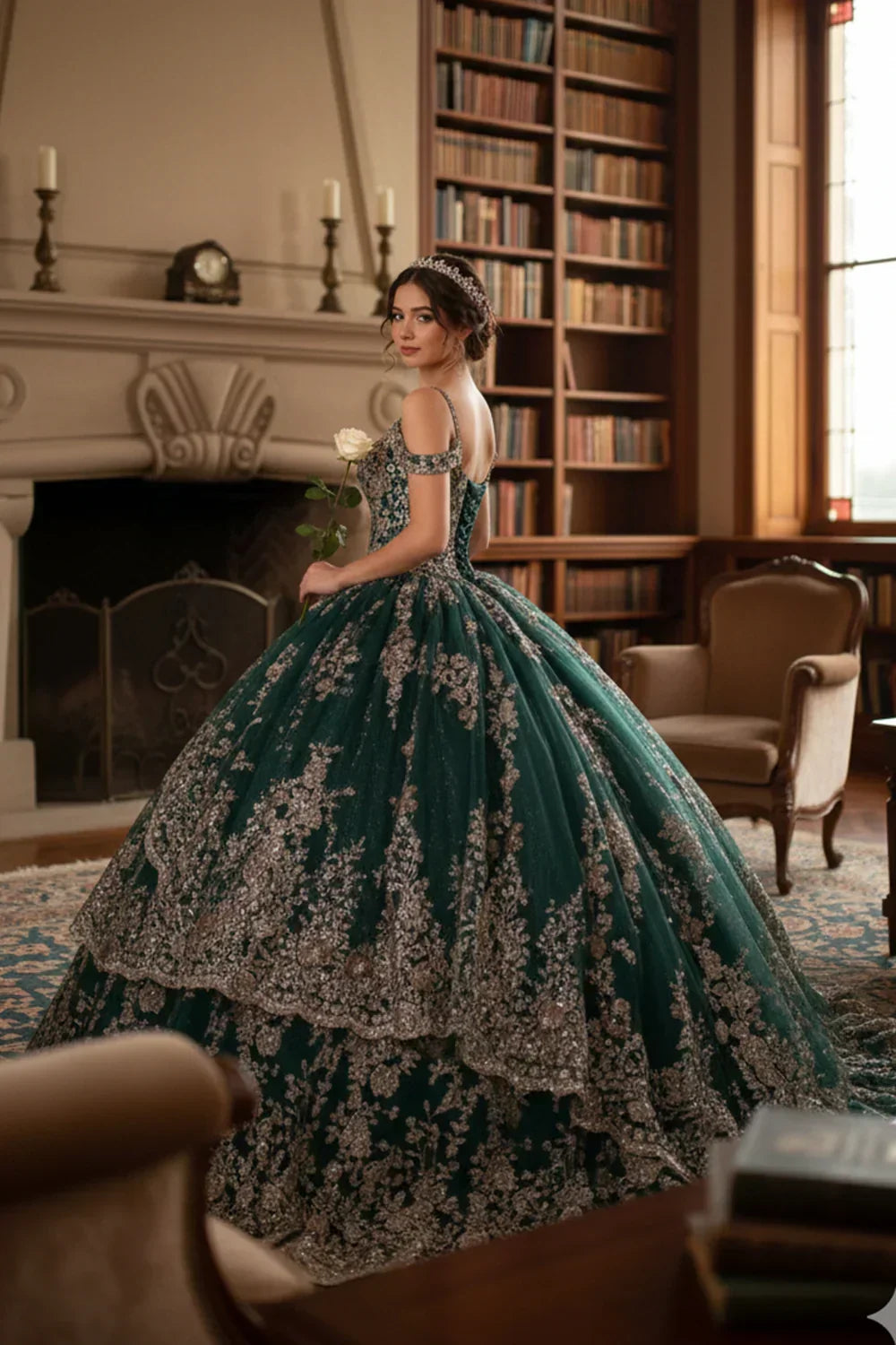 Luxurious Ball Gown Cold Shoulder Quinceañera Dress With Glitter Lace | Promspark