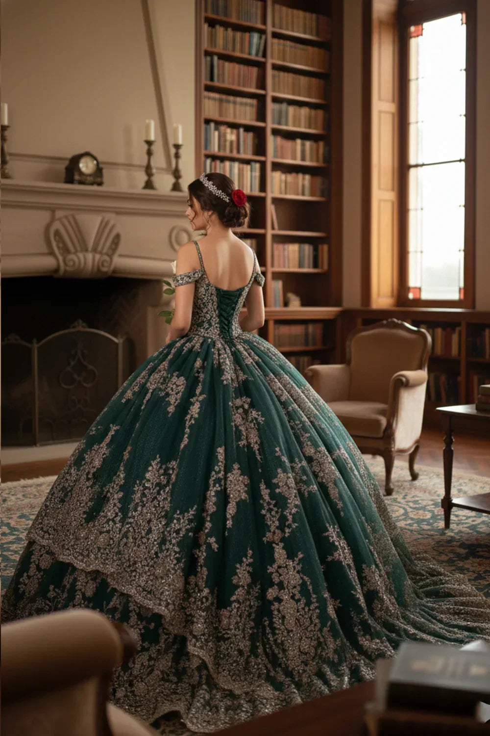 Luxurious Ball Gown Cold Shoulder Quinceañera Dress With Glitter Lace | Promspark