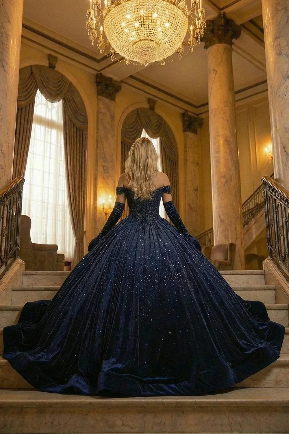 Luxurious Ball Gown Off-the-shoulder Quinceañera Dress With Glitter & Velvet | Promspark