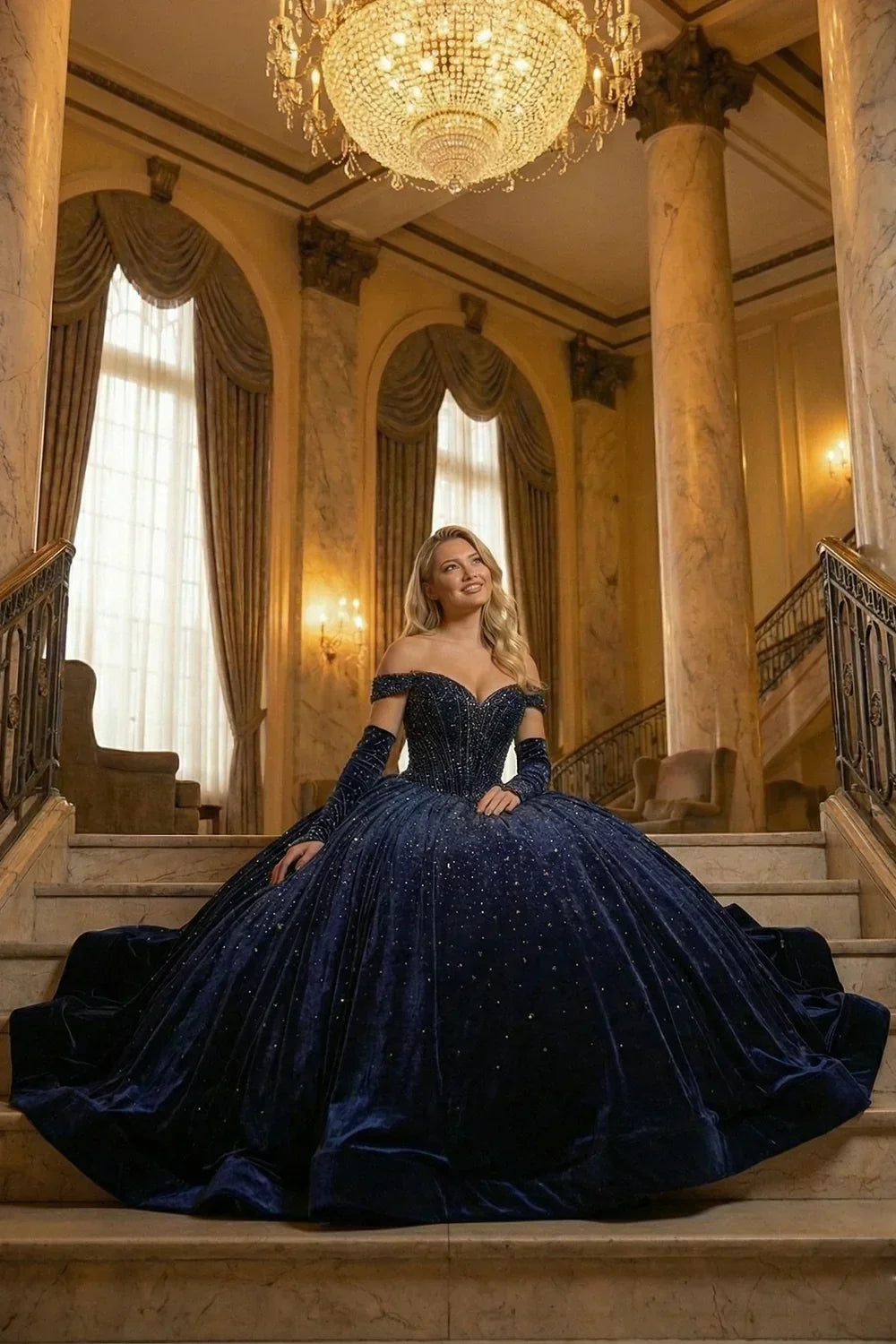 Luxurious Ball Gown Off-the-shoulder Quinceañera Dress With Glitter & Velvet | Promspark