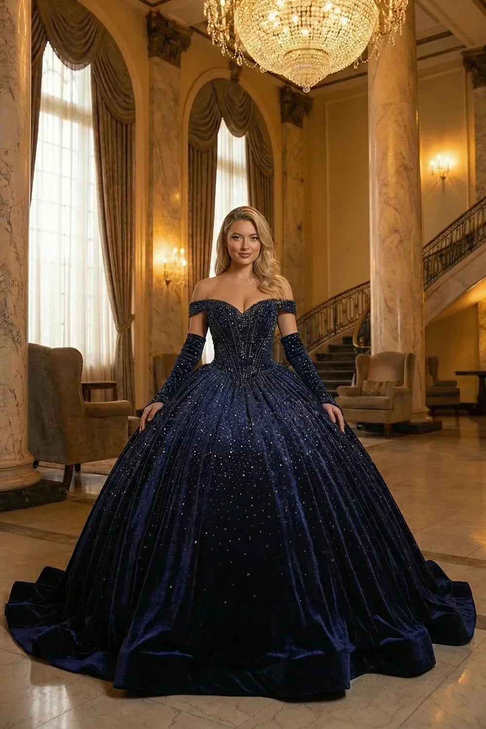 Luxurious Ball Gown Off-the-shoulder Quinceañera Dress With Glitter & Velvet | Promspark