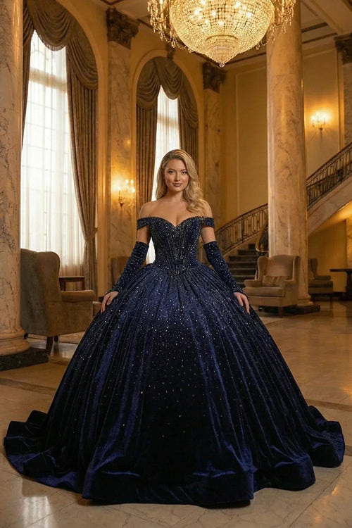 Luxurious Ball Gown Off-the-shoulder Quinceañera Dress With Glitter & Velvet | Promspark