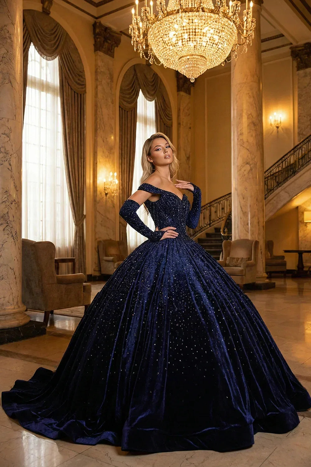 Luxurious Ball Gown Off-the-shoulder Quinceañera Dress With Glitter & Velvet | Promspark