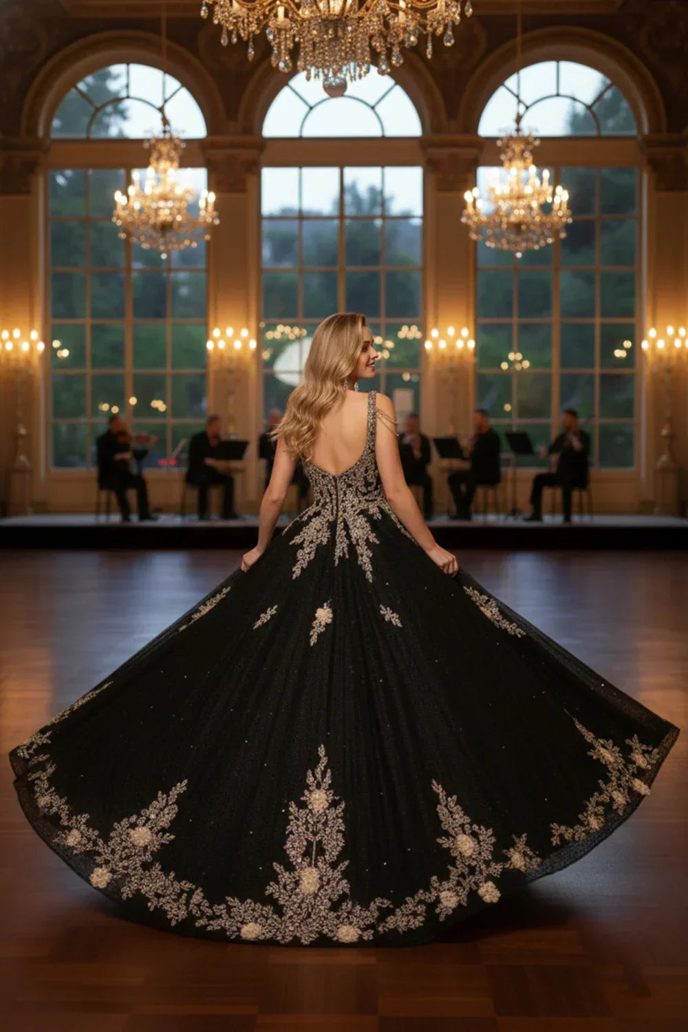 Ornate Floral Ball Gown Spaghetti Strap Quinceañera Dress With Beading | Promspark
