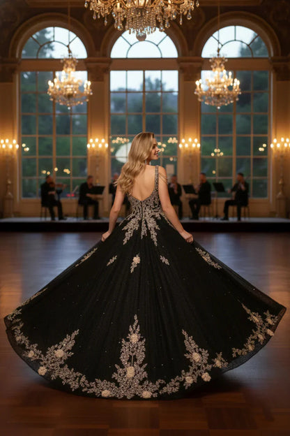 Ornate Floral Ball Gown Spaghetti Strap Quinceañera Dress With Beading | Promspark