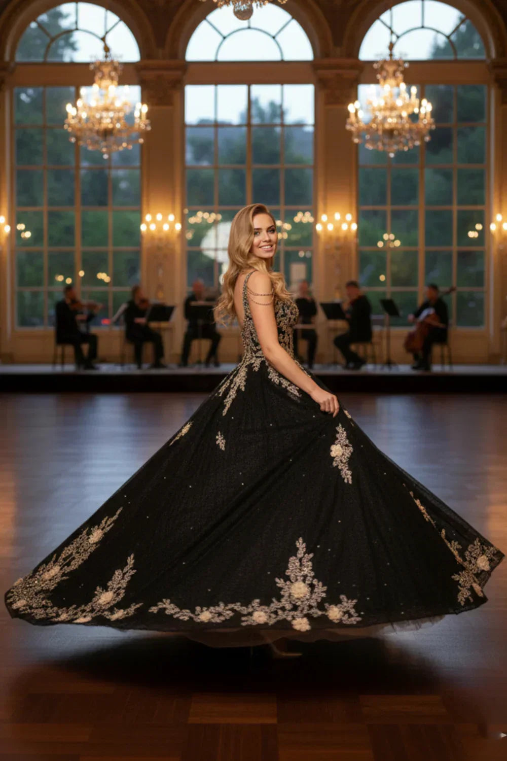 Ornate Floral Ball Gown Spaghetti Strap Quinceañera Dress With Beading | Promspark