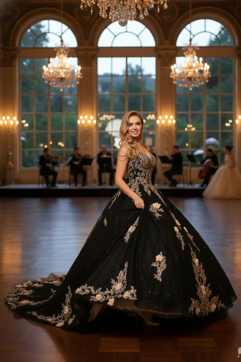 Ornate Floral Ball Gown Spaghetti Strap Quinceañera Dress With Beading | Promspark