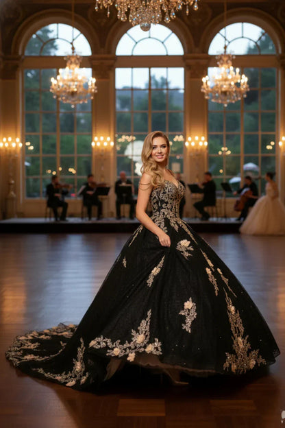 Ornate Floral Ball Gown Spaghetti Strap Quinceañera Dress With Beading | Promspark