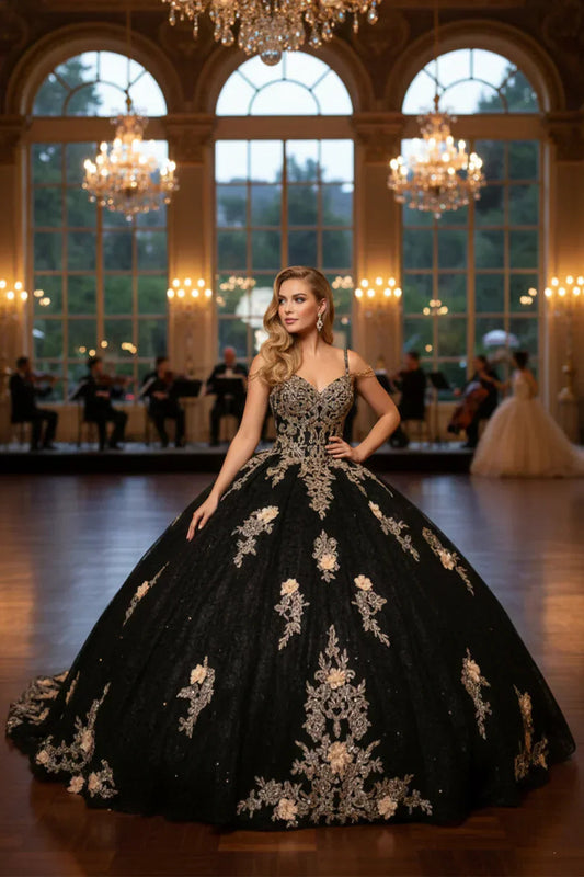 Ornate Floral Ball Gown Spaghetti Strap Quinceañera Dress With Beading | Promspark