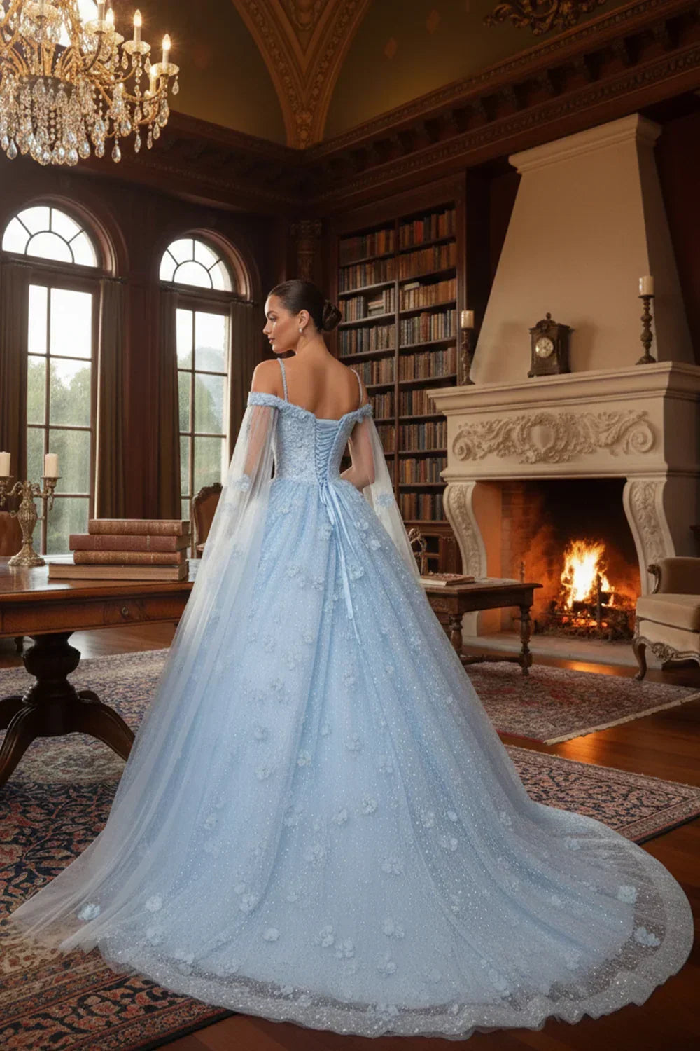 Sheer Cape Ball Gown Off-the-shoulder Quinceañera Dress With 3D Floral | Promspark