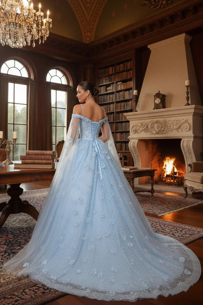 Sheer Cape Ball Gown Off-the-shoulder Quinceañera Dress With 3D Floral | Promspark