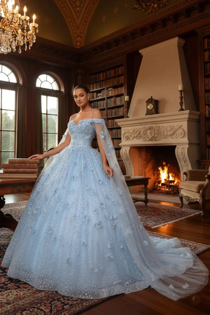 Sheer Cape Ball Gown Off-the-shoulder Quinceañera Dress With 3D Floral | Promspark