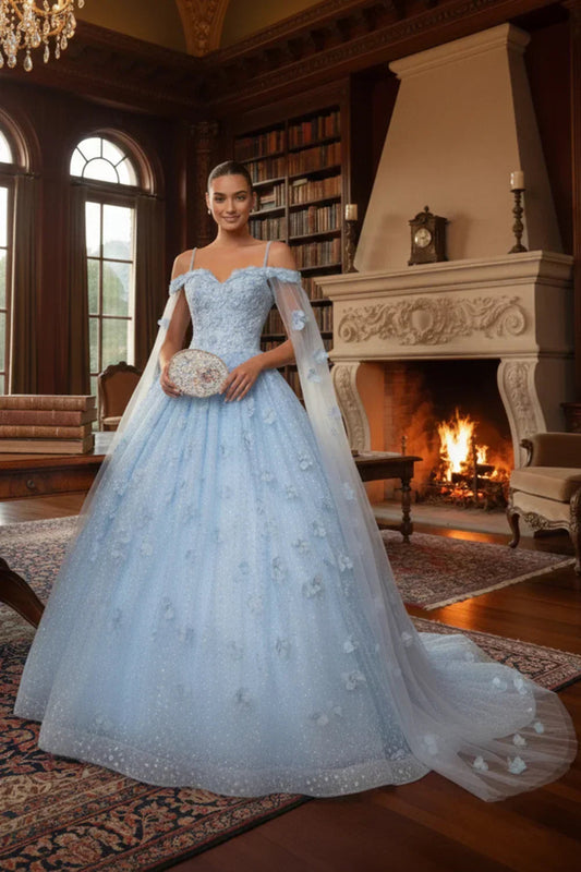 Sheer Cape Ball Gown Off-the-shoulder Quinceañera Dress With 3D Floral | Promspark