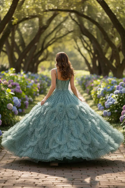 Textured Ruffle Ball Gown Spaghetti Strap Quinceañera Dress With Glitter | Promspark