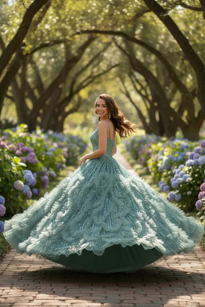 Textured Ruffle Ball Gown Spaghetti Strap Quinceañera Dress With Glitter | Promspark