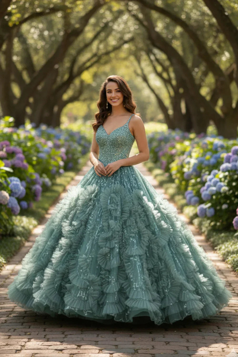 Textured Ruffle Ball Gown Spaghetti Strap Quinceañera Dress With Glitter | Promspark