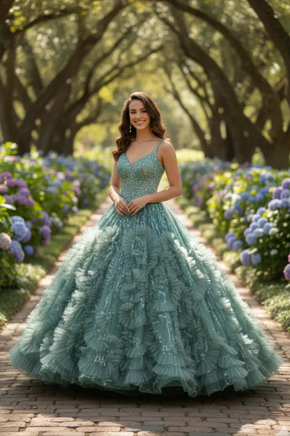 Textured Ruffle Ball Gown Spaghetti Strap Quinceañera Dress With Glitter | Promspark