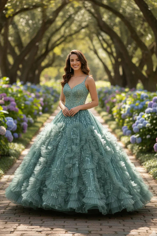 Textured Ruffle Ball Gown Spaghetti Strap Quinceañera Dress With Glitter | Promspark