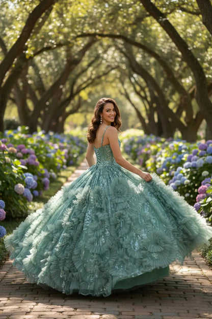Textured Ruffle Ball Gown Spaghetti Strap Quinceañera Dress With Glitter | Promspark