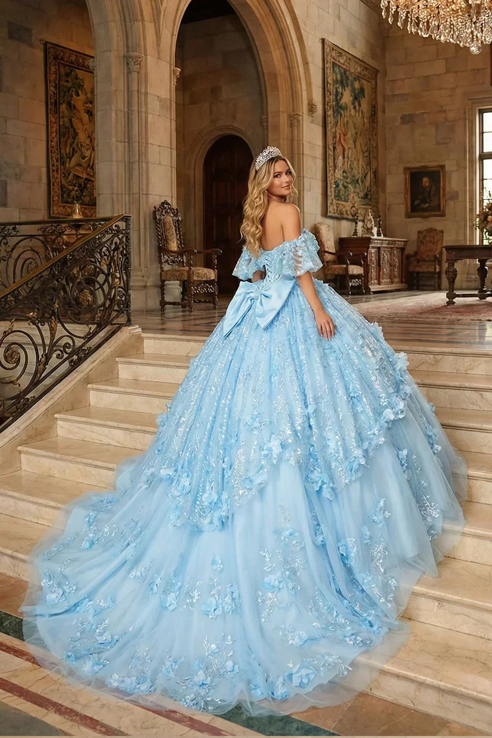 Textured Ruffle Ball Gown V Neck Quinceañera Dress With Bow and 3D Floral | Promspark