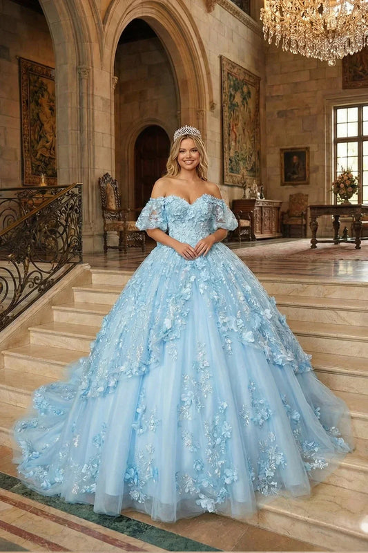 Textured Ruffle Ball Gown V Neck Quinceañera Dress With Bow and 3D Floral | Promspark