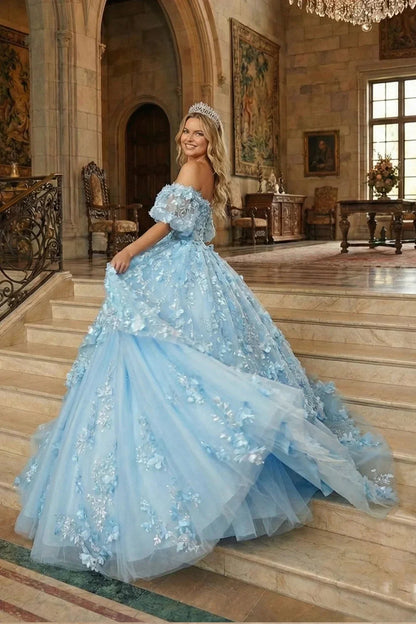 Textured Ruffle Ball Gown V Neck Quinceañera Dress With Bow and 3D Floral | Promspark