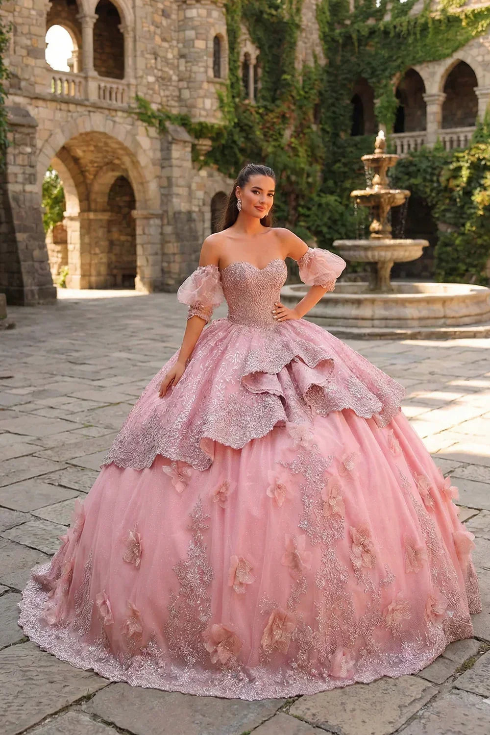 Textured Ruffles Ball Gown Cold Shoulder Quinceañera Dress With Embroidery and 3D Floral | Promspark