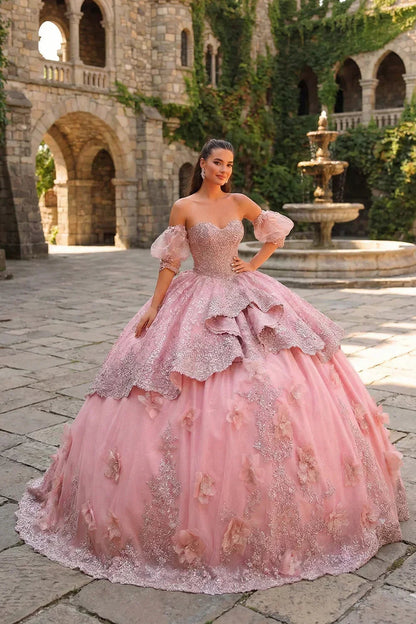Textured Ruffles Ball Gown Cold Shoulder Quinceañera Dress With Embroidery and 3D Floral | Promspark