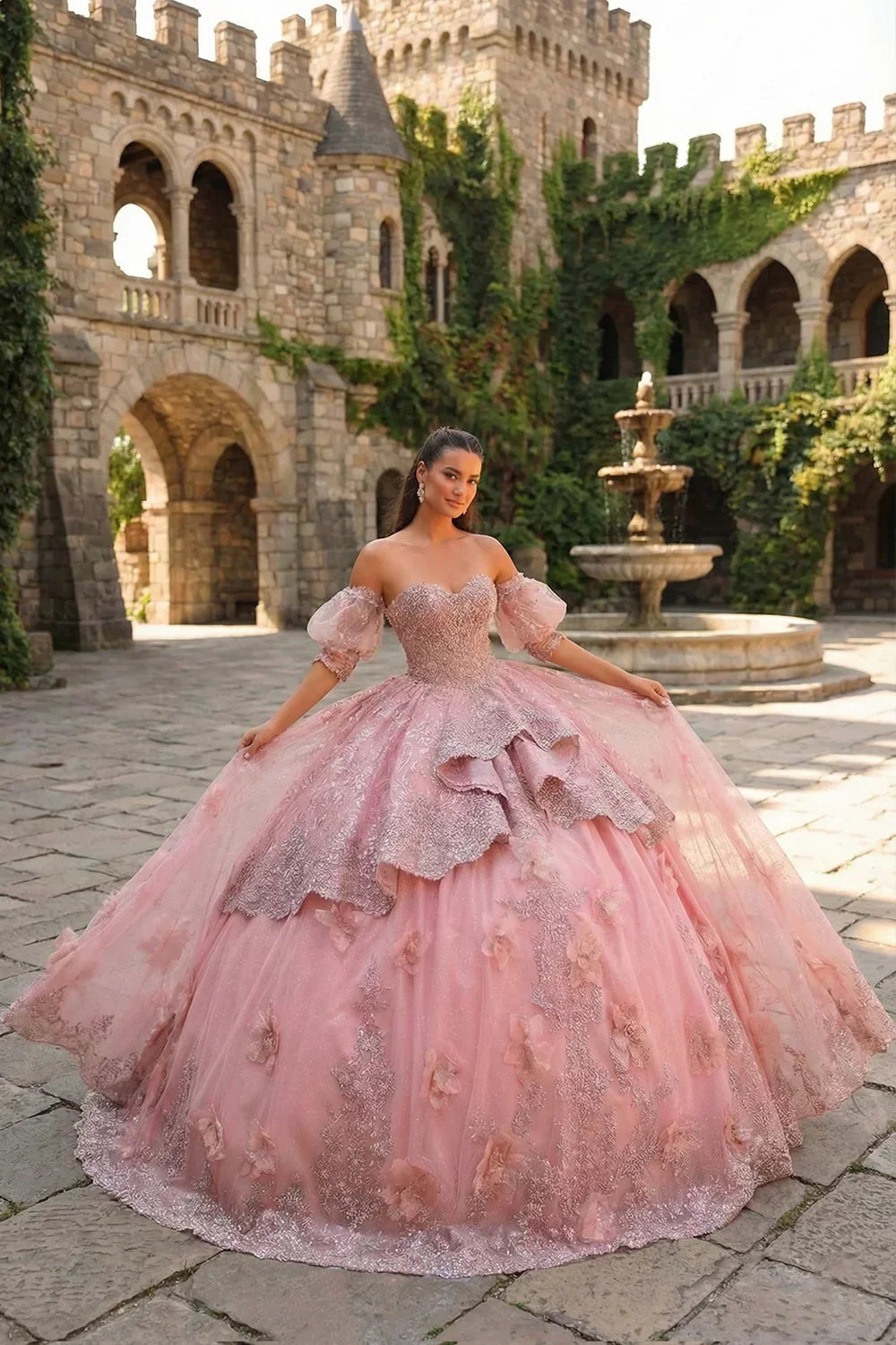 Textured Ruffles Ball Gown Cold Shoulder Quinceañera Dress With Embroidery and 3D Floral | Promspark